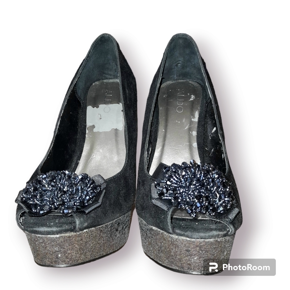 WOMENS ALDO BRAND HIGH HEEL OPEN TOE POM POM SEQUIN SHOES - Picture 2 of 10